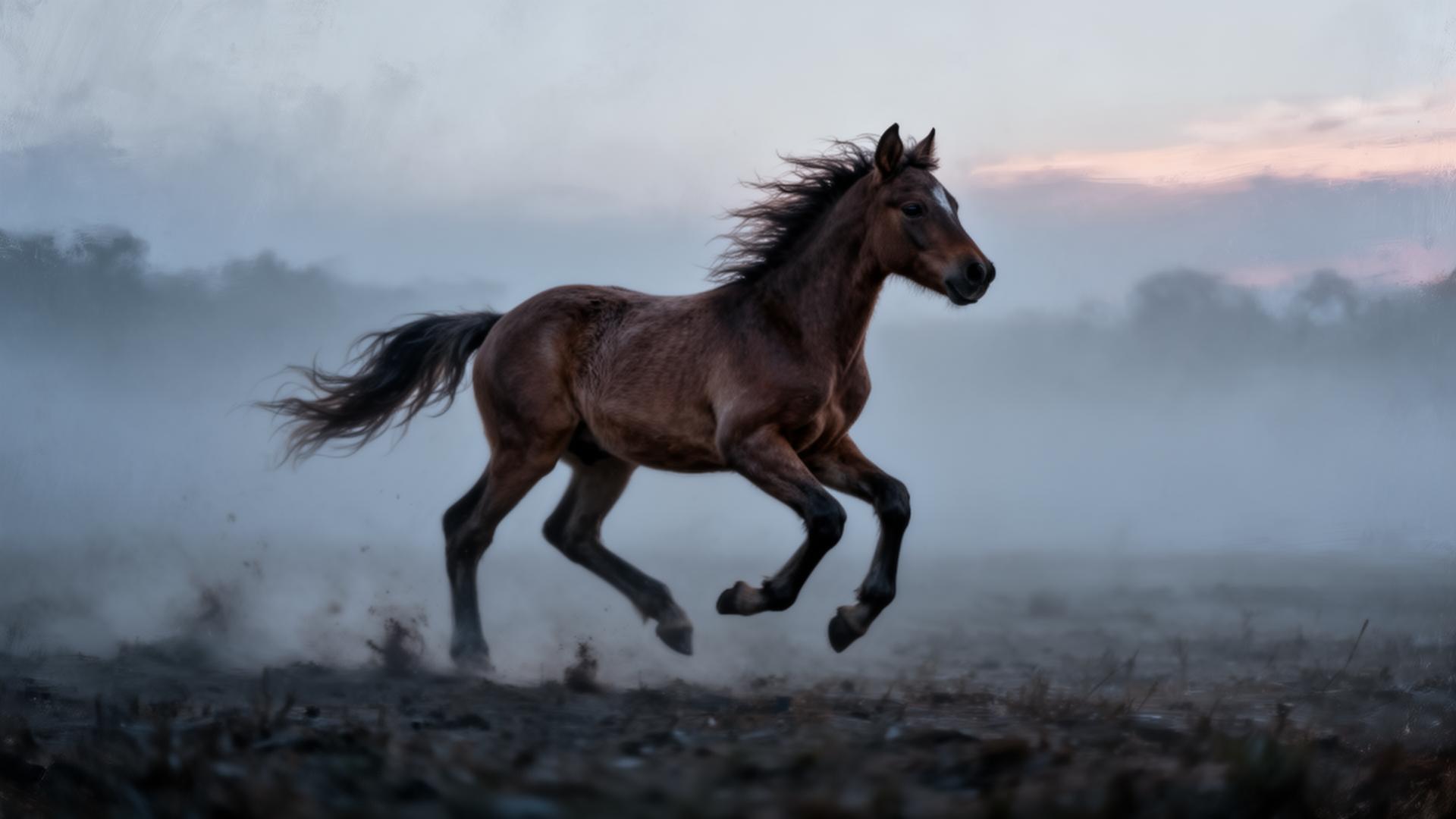 Cheval sauvage galopant dans la brume
